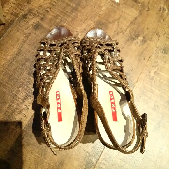 Prada LINEA ROSSA Brown Leather Wedge Sandal 6.5 - Picture 8 of 8